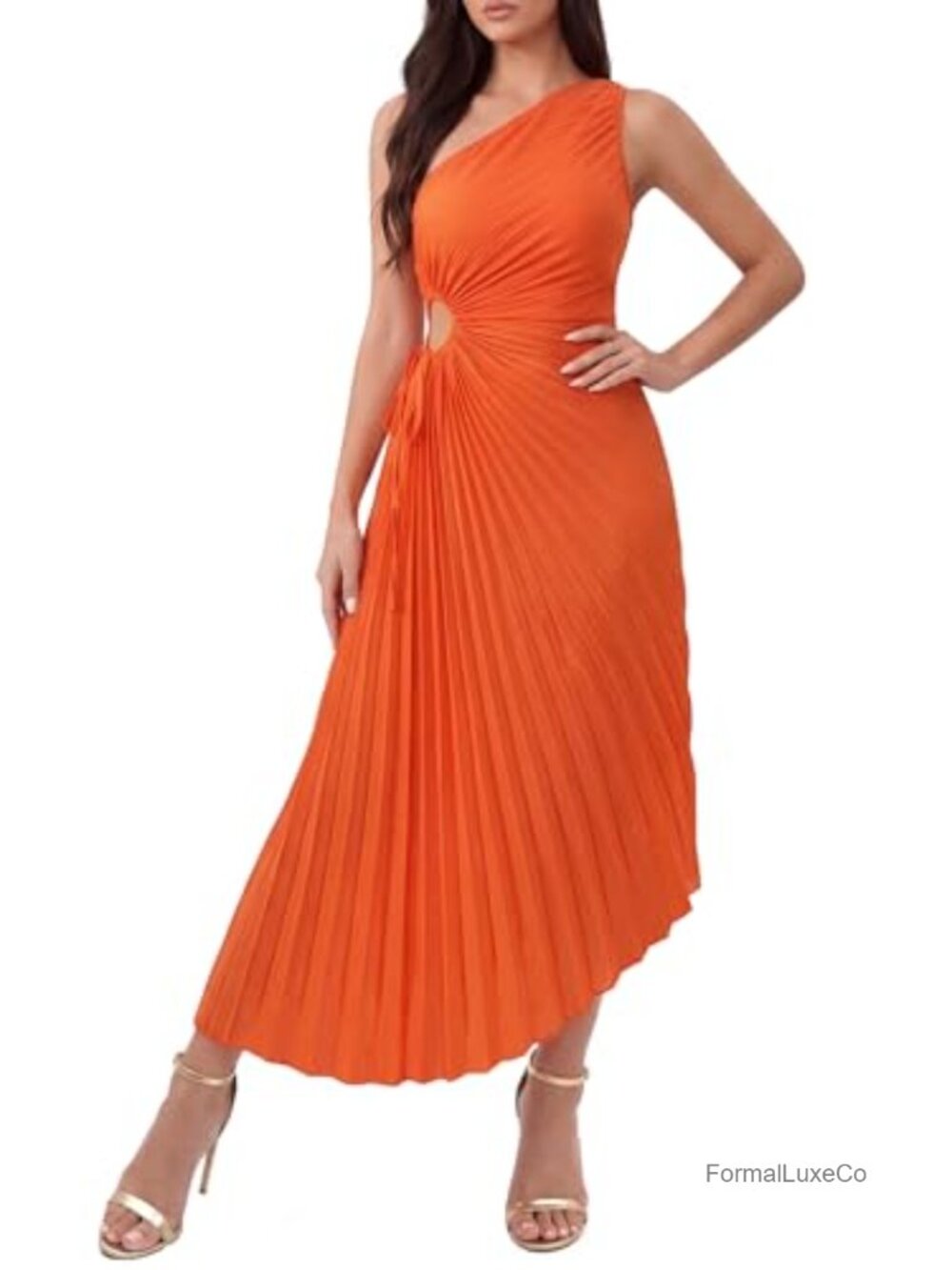 One Shoulder Pleated Cutout Waist Midi Dress Asymmetrical Hem Cocktail Party